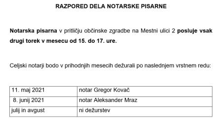 Notarska pisarna v maju in juniju